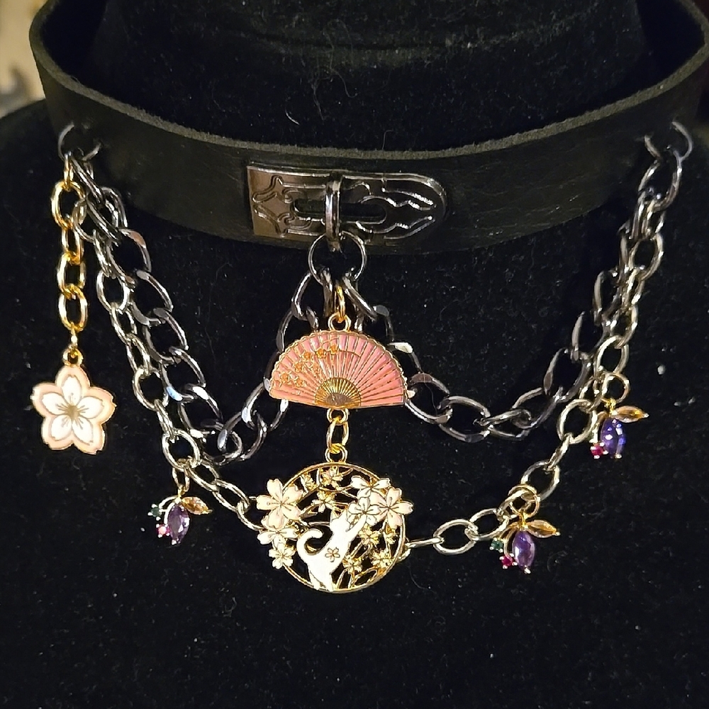 Black Choker Necklace With Kitten, Chains And Charms